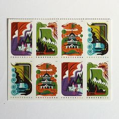 four stamps with different designs on them