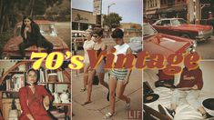 several photos of women in vintage clothing and cars, with the words 70's vintage on them