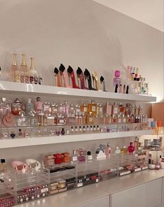 the shelves are filled with many different types of perfumes and cosmetics bottles on them