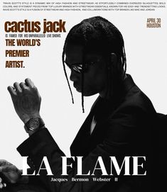 a man in a suit and tie holding his hand up to his face with the words la flame written on it