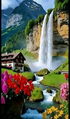 a painting of a waterfall and flowers in the foreground with a house on the other side