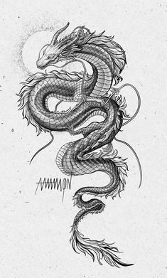 a black and white drawing of a dragon with its head turned to the side, it is