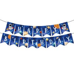 a space themed birthday banner with the words happy birthday on it