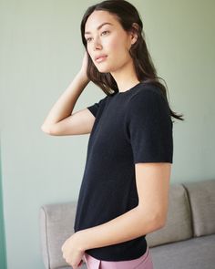 The classic cashmere Tee Shirt spun from 100% Grade A Mongolian cashmere. Super soft and lightweight, this short sleeve cashmere sweater is a wardrobe staple for layering all year round. Tees are meant for everyday wear. Now yours can be cashmere.  | Quince | Women's Mongolian Cashmere T-Shirt in Black, Size Small Classic Cashmere Crew Neck T-shirt, Cashmere Crew Neck Top For Layering, Cashmere Crew Neck Knit Top For Layering, Fine Knit Short Sleeve T-shirt For Fall, Classic Crew Neck Cashmere Knit Top, Classic Cashmere Knit Top With Crew Neck, Classic Cashmere Crew Neck Knit Top, Casual Cashmere Crew Neck T-shirt, Chic Cashmere Top With Ribbed Neckline