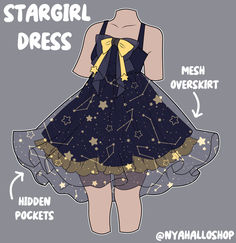 a woman in a dress with stars on it and the words stargirl dress written below