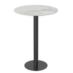 a white marble top table with black metal base and round base, on an isolated white background