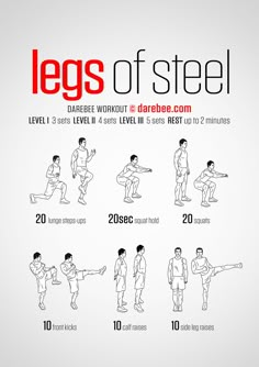 a poster with instructions on how to do the legs of steel, including squats and lunges