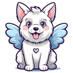 a cartoon dog with angel wings on his chest and tongue out, sitting down in front of