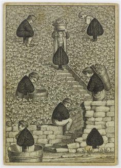 an old drawing of people working on bricks