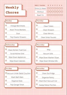 the weekly chore chart is shown in red and white, with words above it