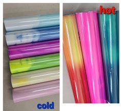 several different colors of plastic wrappers next to each other with the words hot on them