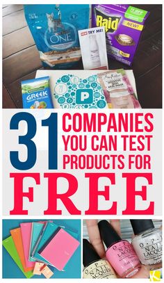 the words 31 companies you can test products for free on top of an image of various items