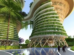 an artist's rendering of a futuristic building surrounded by palm trees and greenery