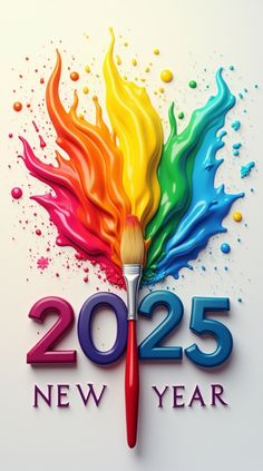 the new year is coming and it's colorfully painted brush with paint splatters on it