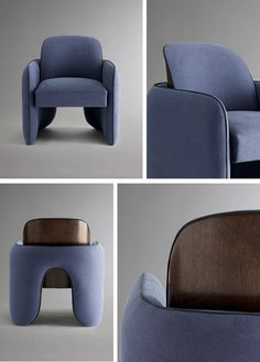 four different views of a blue chair with wood on the back and sides, from top to bottom