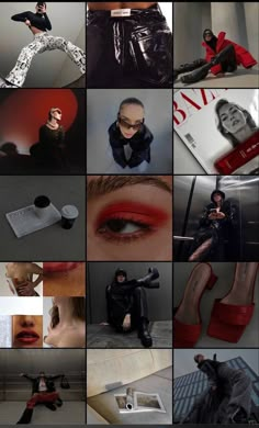 the collage shows many different images of people in black and white outfits, with red accents