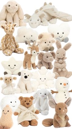 many different stuffed animals are shown together