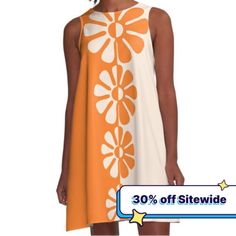 Loose-fit, mid-length sleeveless dress with silky handfeel. Printed on both sides. Machine washable. Size range XS-2XL. Minimal meets hippie in this bold design of 1960's pop art-inspired flowers in contrasting orange and cream. Fun and cute on clothing, and perfect with retro, minimal or contemporary decor. Go big! Go bold! Retro A-line Summer Dress, Orange A-line Summer Dress, Retro A-line Sleeveless Dress, White Retro Sleeveless Spring Dress, Vintage White Sleeveless Sundress, White Vintage Sleeveless Summer Dress, Vintage White Sleeveless Dress For Summer, White Sleeveless Vintage Sundress, White Vintage Sleeveless Dress For Summer