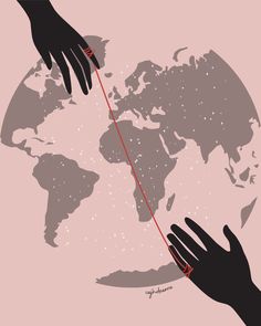 two hands reaching out to touch each other with a string on the world map in the background