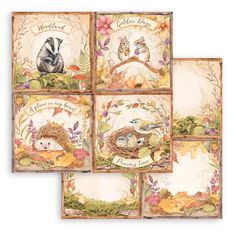 four cards with animals and flowers on them, each featuring an animal's nest