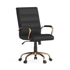 a black office chair with gold arms and wheels