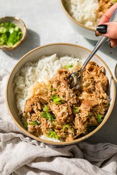 someone holding a spoon in a bowl filled with rice and shredded meat on the side