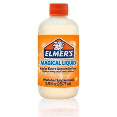 an orange bottle of cleaner on a white background with the words, elmer's magic liquid