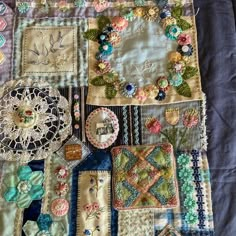 an image of a quilt with many different designs on it and the words forgetly samatock written below