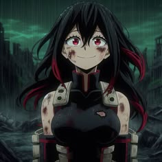 an anime character with blood on her face and black hair, standing in the rain