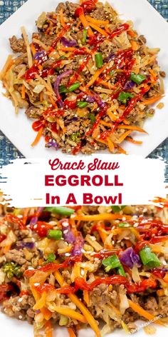 egg roll in a bowl with vegetables and sauce on the side, next to an image of