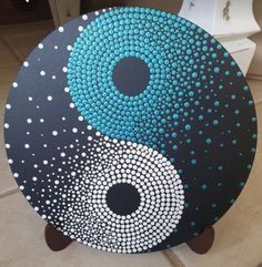 a black and blue plate with white dots on it