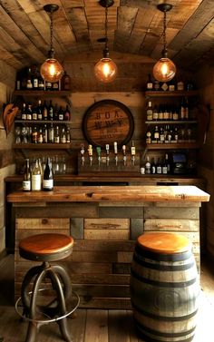 a wooden bar with two stools and bottles on the shelves above it, along with lights hanging from the ceiling