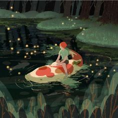 a boy is sitting on a raft in the water with fireflies floating around him