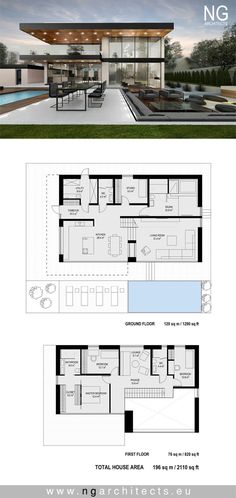 the floor plan for a modern house with two levels and an open living room, dining area