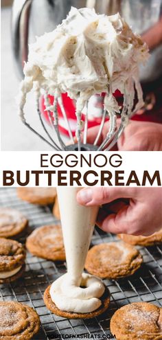 an eggnog buttercream is being whipped cream on top of cookies