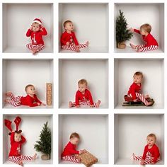 a collage of photos with babys dressed in red and striped outfits, one holding a christmas tree