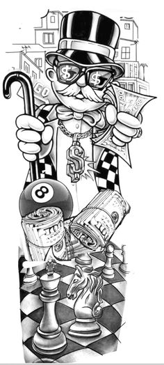 a black and white drawing of a cartoon character holding a chess board with the word monopoly written on it