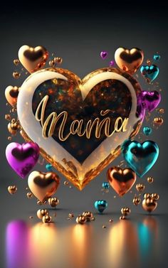 a heart with the word mama written on it surrounded by balloons and hearts in gold, blue