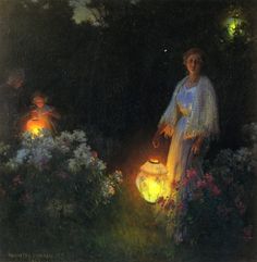 a woman holding a lantern in a garden at night