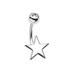 a silver star belly ring with a clear crystal stone on the center and a white background