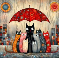 a painting of cats under an umbrella in the rain with cityscape behind them