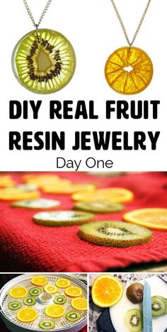 an advertisement for the real fruit resin jewelry day one, featuring oranges and kiwi slices