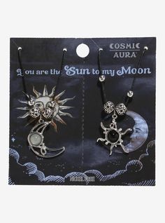 One cannot exist without the other! If you and your bestie are the same  then these necklaces are just for ya! This set features cord necklaces with whimsical sun and moon pendants with opalescent and black gem detailing. Comes with star-covered bead accents. 3 Matching Necklaces, Best Friend Necklaces For 2, Pagan Aesthetic, Cosmic Aura, Cord Necklaces, Matching Jewellery, Hello Kitty House, Best Friend Necklace, Emily The Strange