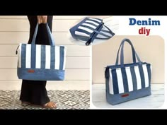 a woman carrying a blue and white striped tote bag with the words denim diy