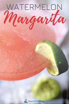 watermelon margarita with lime on the rim and text overlay that reads, watermelon margarita