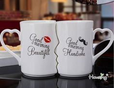 two coffee mugs with the words good morning, beautiful and handsome written on them