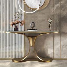 an elegant console table in gold and silver with a round mirror on the wall behind it