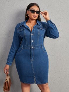 Dark Wash Casual Collar Long Sleeve Denim Plain Shirt Embellished High Stretch Spring/Fall Plus Size Denim Vestidos Jeans, Fall Plus Size, Plain Shirt, Plain Shirts, Jean Outfits, Dress P, Flap Pocket, African Fashion