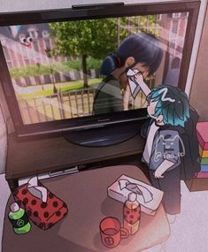 an anime character is watching tv in the living room with other things on the table