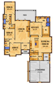 the floor plan for a two story home with garages and living room, as well as